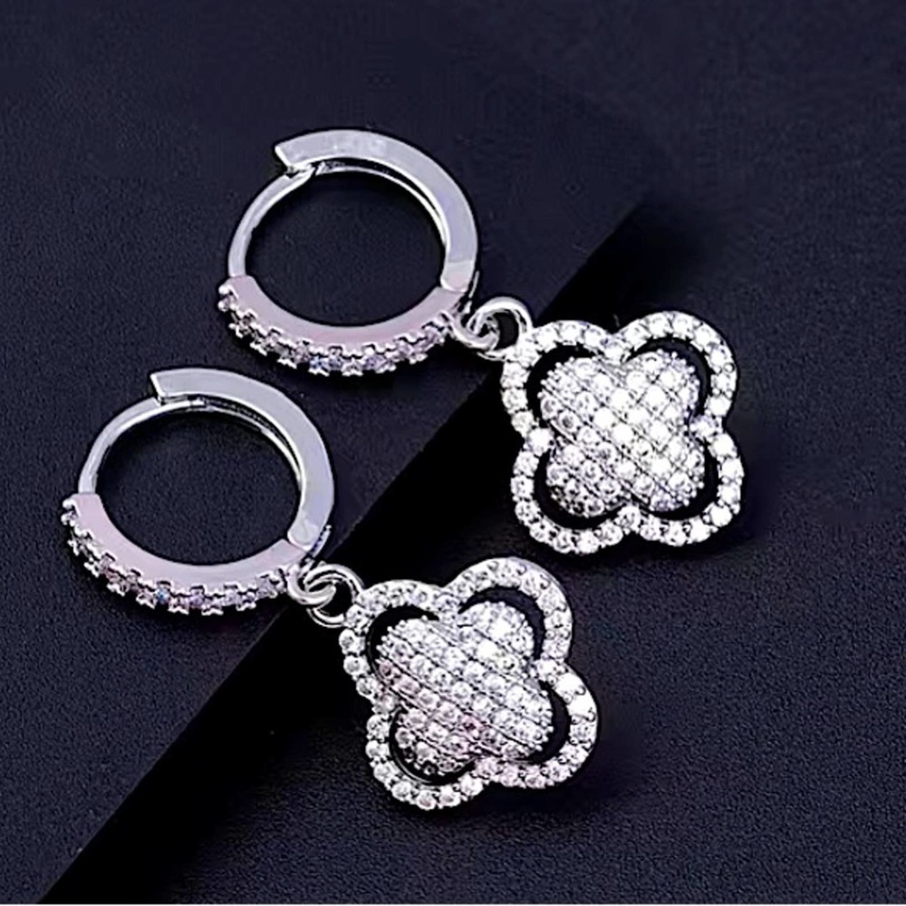 Platinum Silver Four Leaf Clover Cubic Zircon Pave Drop Dangle Earrings - Picture 4 of 5